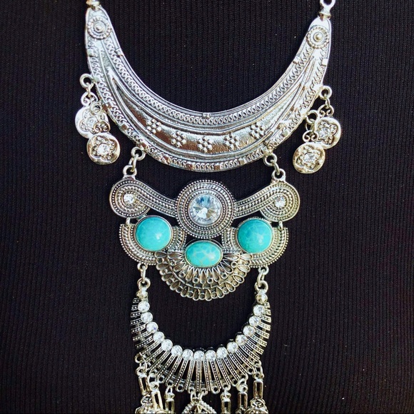 Boho Silver & Turquoise Tassel Choker Necklace - Picture 2 of 7